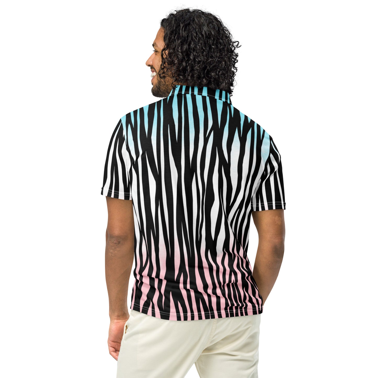 Men's Slim Fit Polo - Zebra Blue White Pink - Aura & Apparel