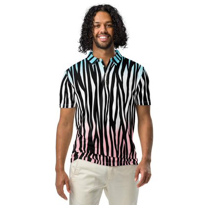 Men's Slim Fit Polo - Zebra Blue White Pink - Aura & Apparel