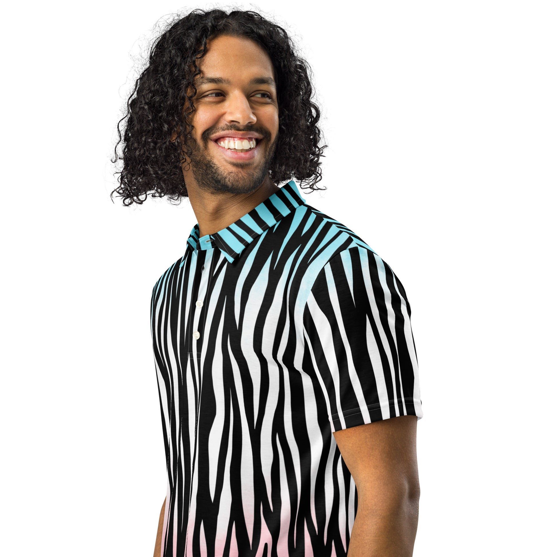 Men's Slim Fit Polo - Zebra Blue White Pink - Aura & Apparel